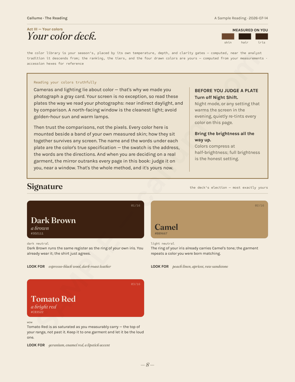 Sample reading page — Your color deck — signature tier